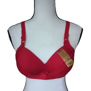 NWT Gi Ru Fang Wireless Lace Floral Full Coverage Bra 42 Red